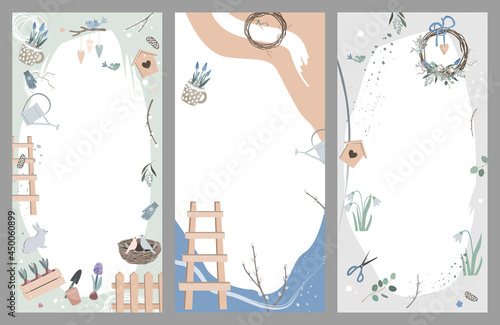 Set of Spring Garden Decoration abstract background in Scandinavian Style. Vector vertical template for social media stories, event invitations, greeting cards, shop advertizing banners.