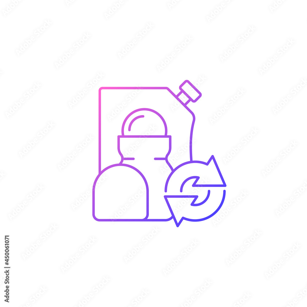 Roll on deodorant refill gradient linear vector icon. Cosmetic for hygiene. Eco friendly package. Reusable products. Thin line color symbols. Modern style pictogram. Vector isolated outline drawing Roll on deodorant refill gradient linear vector icon. Cosmetic for hygiene. Eco friendly package. Reusable products. Thin line color symbols. Modern style pictogram. Vector isolated outline drawing