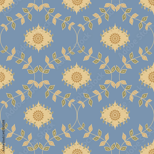 Ogee foliage vector seamless pattern background with hand drawn leaves and ornamental flowers. Elegant geometric foliage historical backdrop in blue and warm yellow. Traditional botanical repeat.