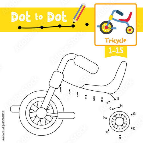 Dot to dot educational game and Coloring book Children Tricycle cartoon character side view vector illustration