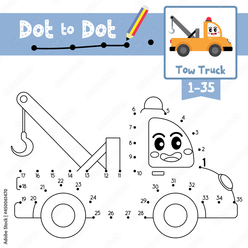 Dot to dot educational game and Coloring book Tow Truck cartoon ...