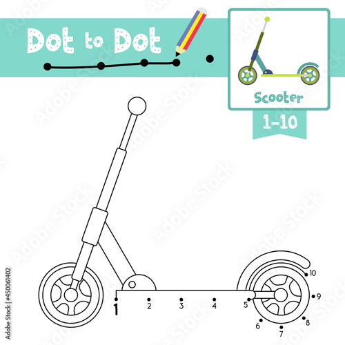 Dot to dot educational game and Coloring book Scooter cartoon character side view vector illustration