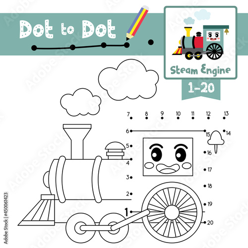 Dot to dot educational game and Coloring book Steam Engine cartoon character side view vector illustration © natchapohn