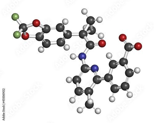 Lumacaftor cystic fibrosis drug molecule. 3D rendering. photo