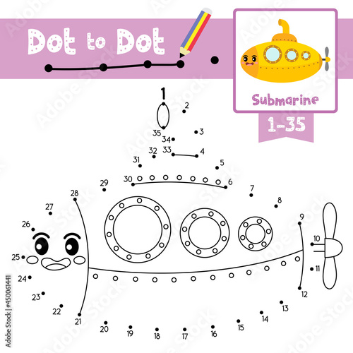 Dot to dot educational game and Coloring book Submarine cartoon character side view vector illustration