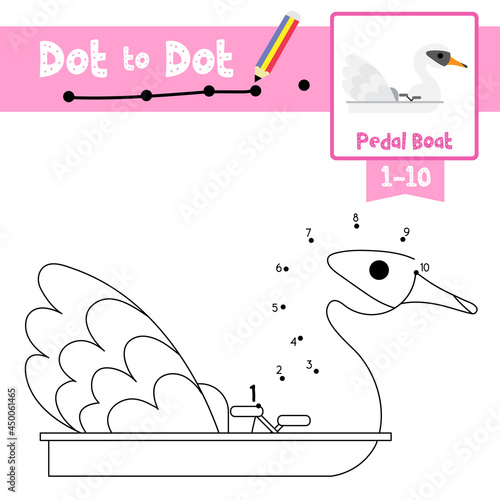 Dot to dot educational game and Coloring book Swan Pedal Boat cartoon character side view vector illustration