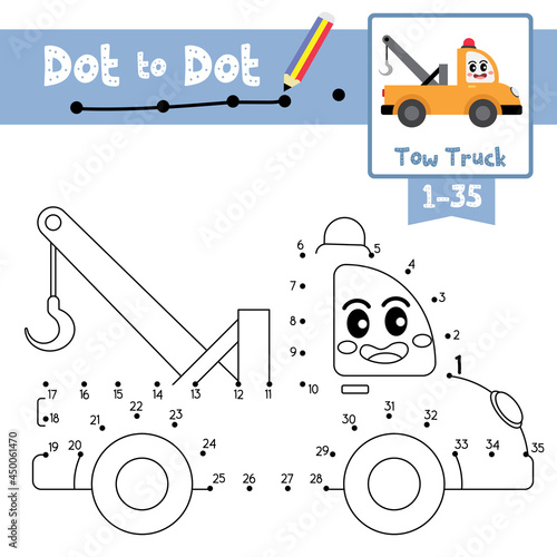Dot to dot educational game and Coloring book Tow Truck cartoon character side view vector illustration