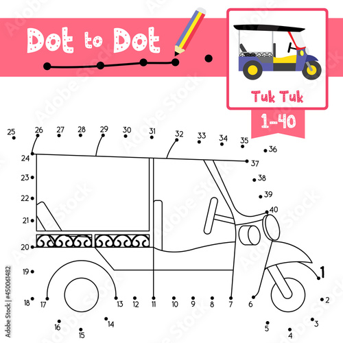 Dot to dot educational game and Coloring book Tuk Tuk cartoon character side view vector illustration