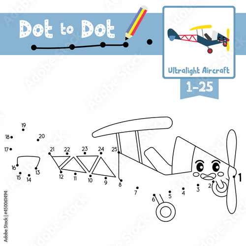 Dot to dot educational game and Coloring book Ultralight Aircraft cartoon character side view vector illustration