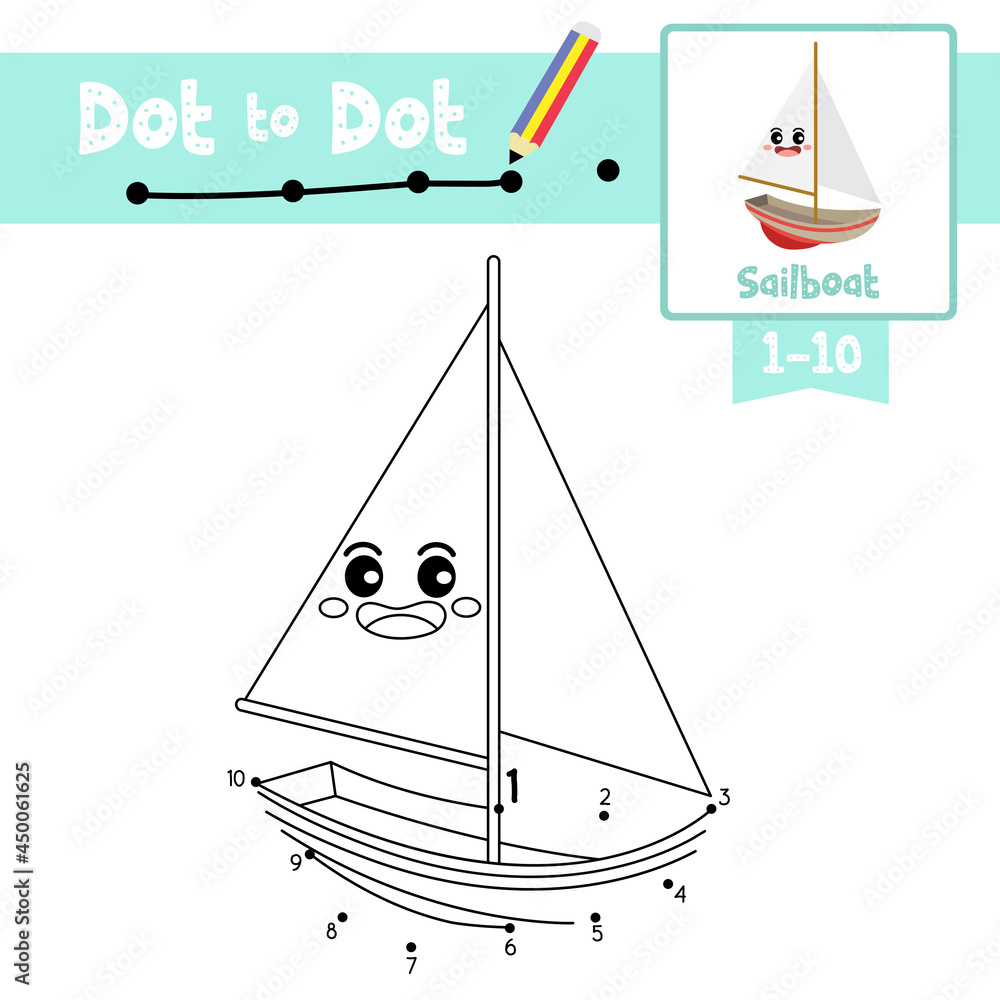 Dot to dot educational game and Coloring book Sailboat cartoon ...