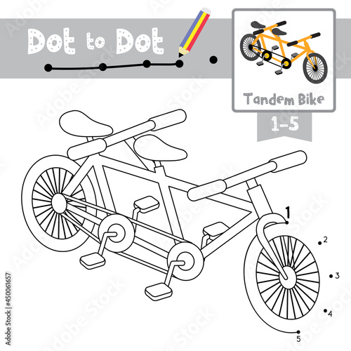 Dot to dot educational game and Coloring book Tandem Bike cartoon character perspective view vector illustration