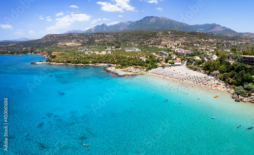 Fototapeta Naklejka Na Ścianę i Meble -  The beautiful beach of Kalogria, Stoupa area, Mani, Greece, with turquoise shining sea during summer time