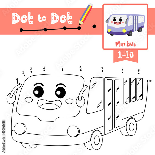 Dot to dot educational game and Coloring book Minibus cartoon character perspective view vector illustration