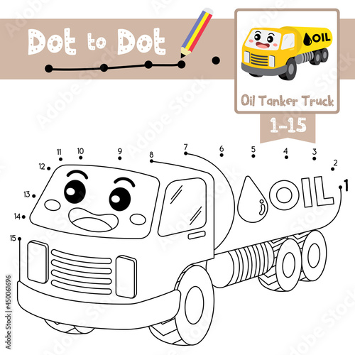 Dot to dot educational game and Coloring book Oil Tanker Truck cartoon character perspective view vector illustration