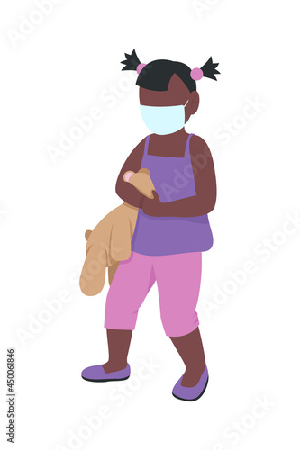 Sick child wearing mask semi flat color vector character. Full body person on white. Little girl hugging bear toy isolated modern cartoon style illustration for graphic design and animation