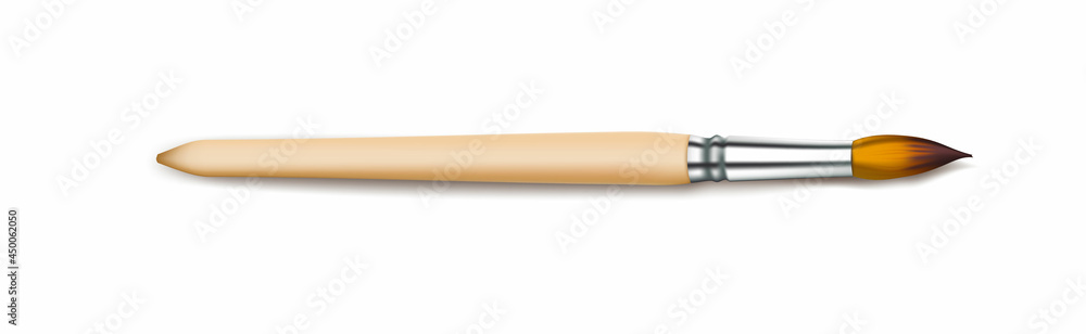 Artistic wooden brush with natural or synthetic bristles,a realistic style,flat lay.Vector isolated illustration,for the design of advertising,banners with school supplies,for an art school or an icon Artistic wooden brush with natural or synthetic bristles,a realistic style,flat lay.Vector isolated illustration,for the design of advertising,banners with school supplies,for an art school or an icon