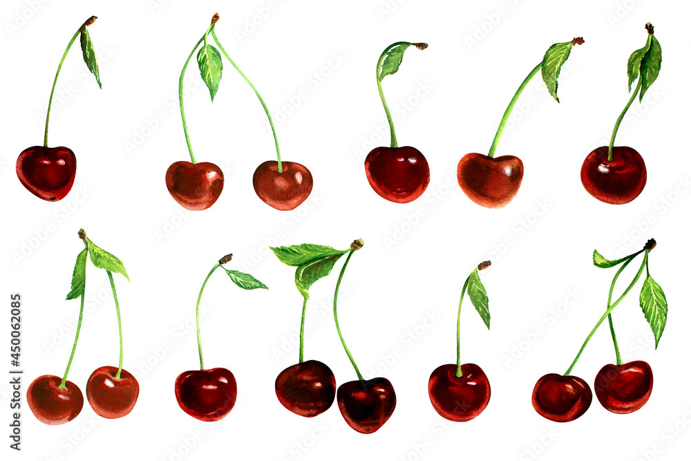 Watercolor cherry set with green leaves, isolated on white background. Delicious fruit, hand drawn illustration. Collection of red berries. Watercolor cherry set with green leaves, isolated on white background. Delicious fruit, hand drawn illustration. Collection of red berries.