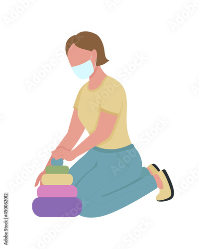 Kindergarten teacher assistant semi flat color vector character. Sitting figure. Full body person on white. Cleaning up toys isolated modern cartoon style illustration for graphic design and animation