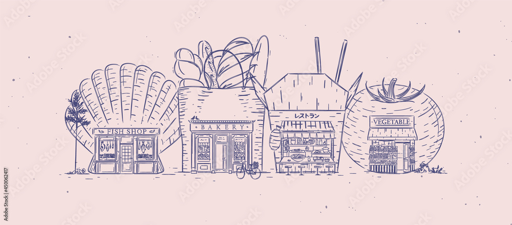 Set of storefronts fish shop, bakery, asian food, bakery drawing with blue color
