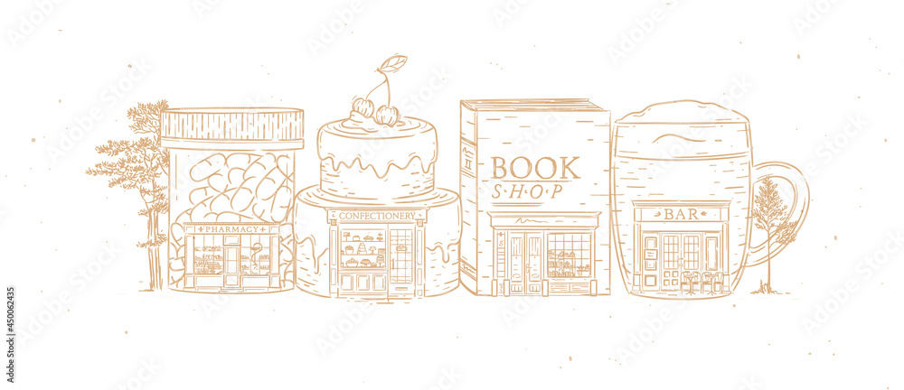 Set of storefronts pharmacy, confectionery, book shop, bar drawing with beige color