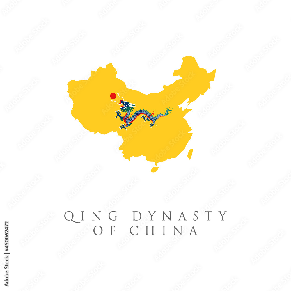 Historical flag of Empire of China. Qing Dynasty Flag Map isolated on white background