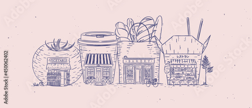 Set of storefronts grocery, cafe, bakery, asian food drawing with blue color