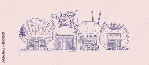 Set of storefronts fish shop, bakery, asian food, bakery drawing with blue color