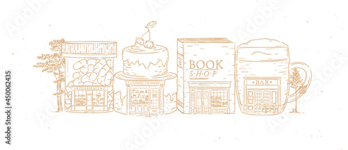Obraz na płótnie Set of storefronts pharmacy, confectionery, book shop, bar drawing with beige color w salonie