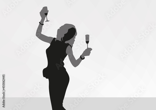A pretty girl is dancing with a wine glass. A shadow