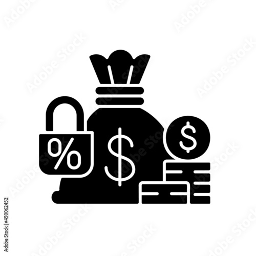 Fixed deposit black glyph icon. Low-risk financial instrument. Bag with cash and locked percent. Savings account. Money safety. Silhouette symbol on white space. Vector isolated illustration