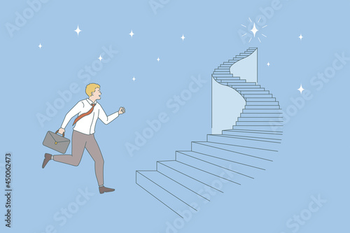 Opportunities and business career concept. Young smiling businessman with suit running on ladder trying to get to top business work success vector illustration 