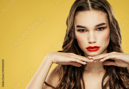 pretty woman attractive look luxury yellow background