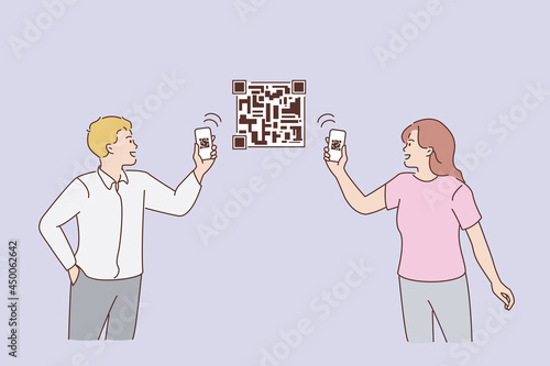 Scanning QR codes with phone concept. Young couple man and woman standing holding smartphones and scanning QR codes on picture together online vector illustration 