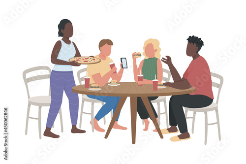 Visit fast food restaurant with friends semi flat color vector characters. Full body people on white. Dinner party isolated modern cartoon style illustration for graphic design and animation