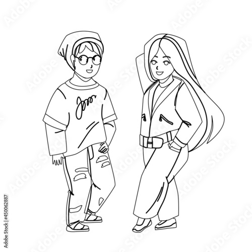 Kids Wearing Fashion Clothes Stay Together Black Line Pencil Drawing Vector. Children In Fashion Clothing With Accessories Posing On Model Show And Presenting Elegant Garment. Characters Illustration