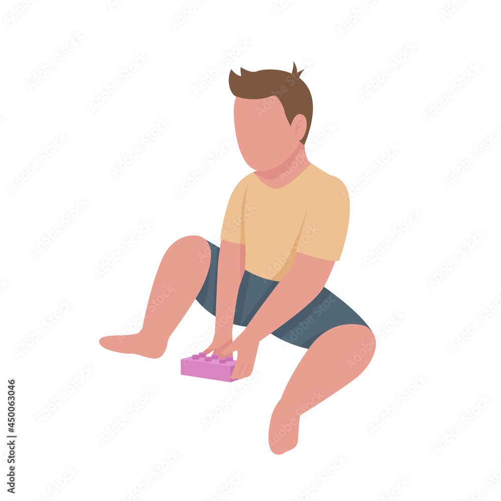 Little boy plays with plastic brick semi flat color vector character. Full body person on white. Early learning development isolated modern cartoon style illustration for graphic design and animation Little boy plays with plastic brick semi flat color vector character. Full body person on white. Early learning development isolated modern cartoon style illustration for graphic design and animation
