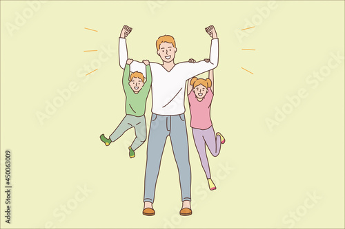 Happy parenthood and childhood concept. Young smiling man father dad cartoon character standing holding happy children son and daughter on hands vector illustration 