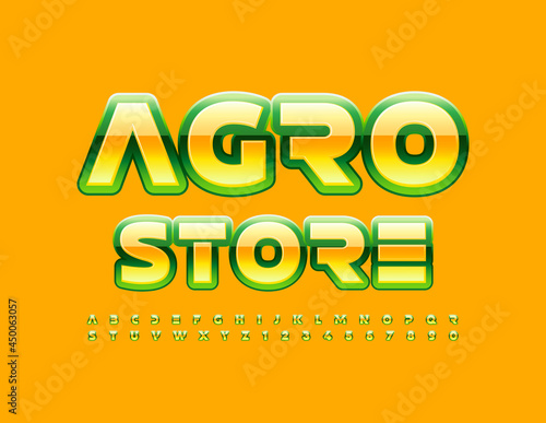 Vector creative logo Agro Store with Yellow and Green Alphabet Letters and Numbers. Shiny modern Font
