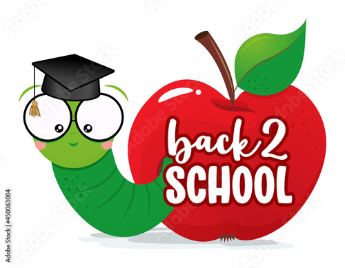 Back to school. Smart worm, studens, in red apple wit graduate cap. Cute catterpillar character. Hand drawn doodle for kids. Good for textiles, school sets, wallpapers, wrapping paper, clothes.