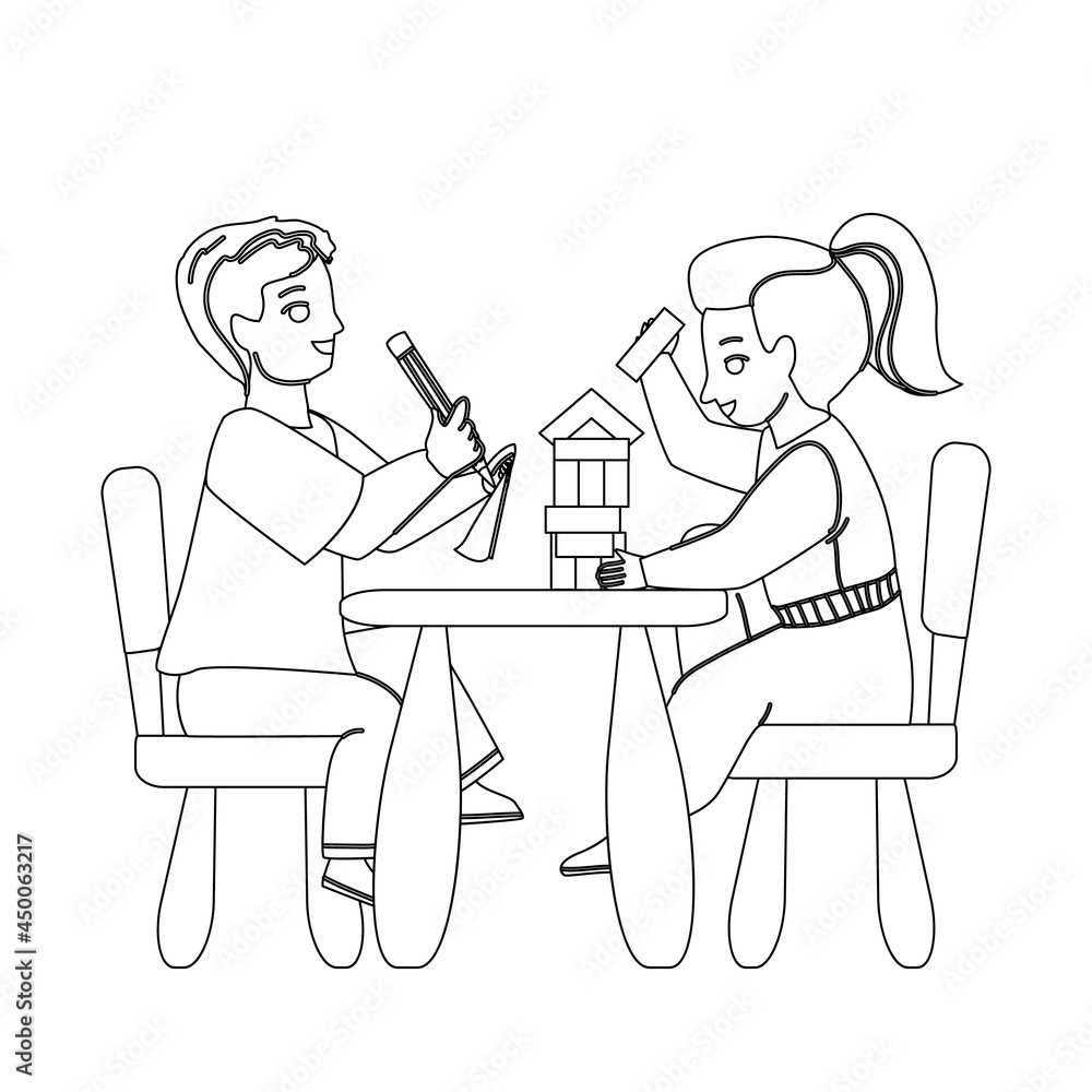 On Kid Furniture Play Little Boy And Girl Black Line Pencil Drawing Vector. Children Playing With Construction On Kid Furniture In Kindergarten. Brother And Sister Creative Time Illustration On Kid Furniture Play Little Boy And Girl Black Line Pencil Drawing Vector. Children Playing With Construction On Kid Furniture In Kindergarten. Brother And Sister Creative Time Illustration