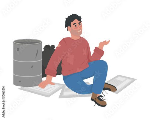 Homeless man semi flat color vector character. Sitting figure. Full body person on white. Beggar asking for help isolated modern cartoon style illustration for graphic design and animation