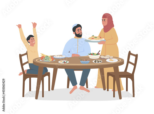 Family eating dinner together semi flat color vector characters. Full body people on white. Traditional Ramadan meals isolated modern cartoon style illustration for graphic design and animation