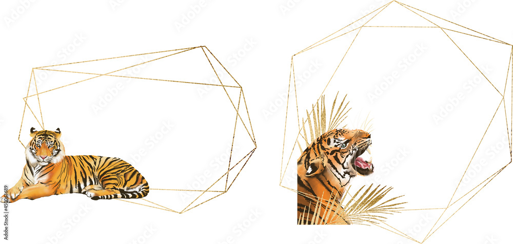 Set of two Polygonal abstract gold frame with a tiger transparent background.  Rectangular and square Stock Illustration | Adobe Stock