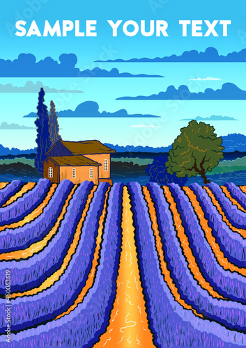 Rural landscape with lavender field and farm in Provence, France. Handmade drawing vector illustration. Vintage style poster.