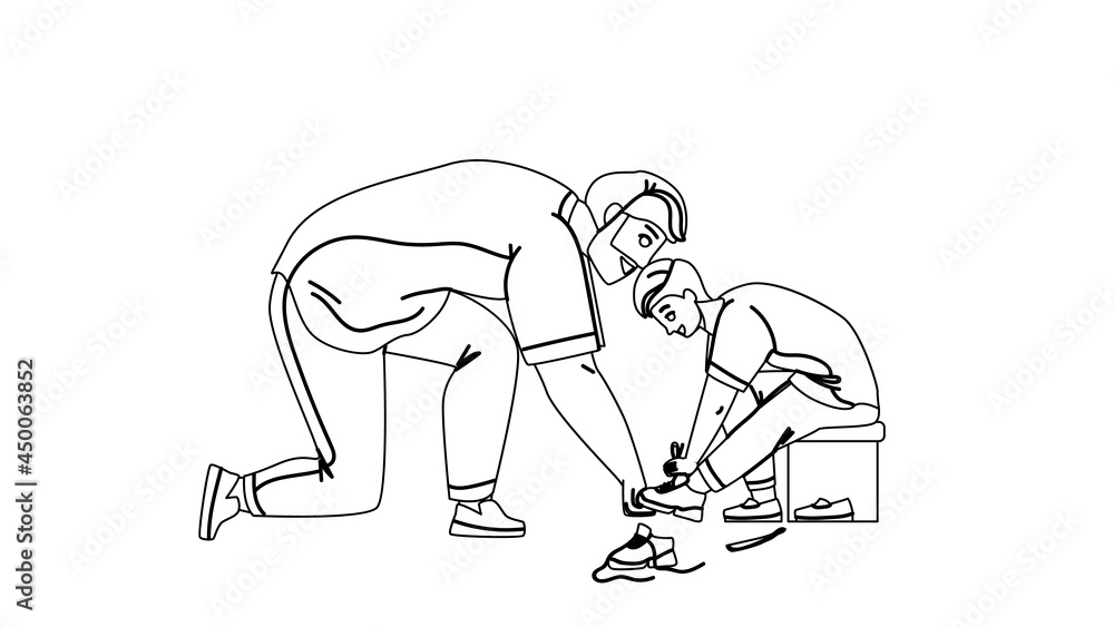 Father With Son Try On Shoes In Kid Store Black Line Pencil Drawing Vector. Man Help Boy Choosing Footwear In Clothes Kid Store. Parent With Kid Buy Footwear In Shop, Season Sales Illustration Father With Son Try On Shoes In Kid Store Black Line Pencil Drawing Vector. Man Help Boy Choosing Footwear In Clothes Kid Store. Parent With Kid Buy Footwear In Shop, Season Sales Illustration