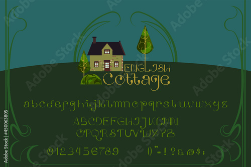 Art Nouveau inspired typeface decorated with English cottage home and whiplash styled vines. This art movement took different names on each country such as Arte nova in Portugal, Jugendstil in Germany