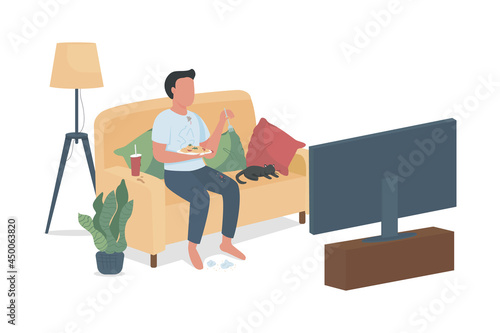 Untidy guy watching television semi flat color vector character. Full body person on white. Watch TV while eating isolated modern cartoon style illustration for graphic design and animation
