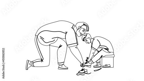 Father With Son Try On Shoes In Kid Store Black Line Pencil Drawing Vector. Man Help Boy Choosing Footwear In Clothes Kid Store. Parent With Kid Buy Footwear In Shop, Season Sales Illustration
