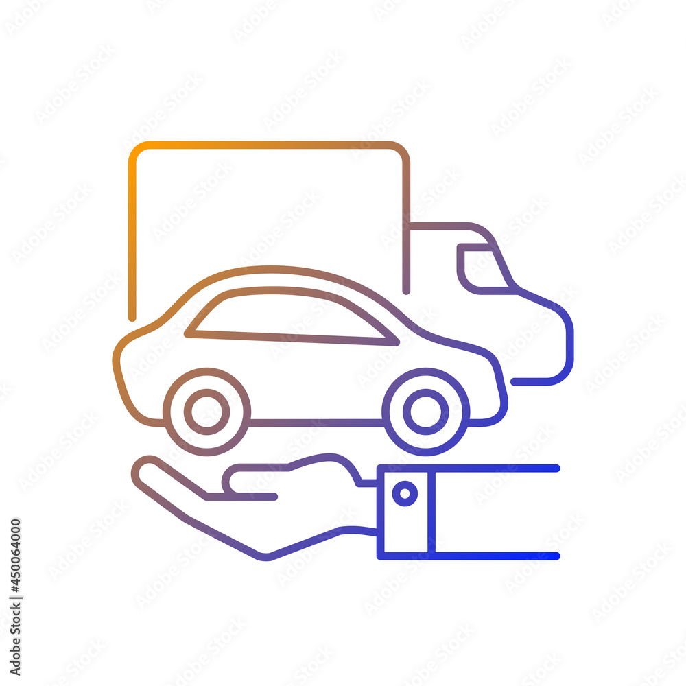 Company owned vehicles gradient linear vector icon. Business use car. Truck and automobile on the human hand. Thin line color symbols. Modern style pictogram. Vector isolated outline drawing Company owned vehicles gradient linear vector icon. Business use car. Truck and automobile on the human hand. Thin line color symbols. Modern style pictogram. Vector isolated outline drawing