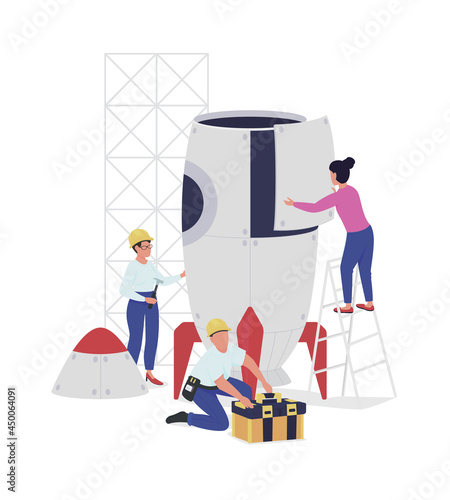 Spaceship building semi flat color vector characters. Rocket designing. Full body people on white. Spacecraft structure isolated modern cartoon style illustration for graphic design and animation